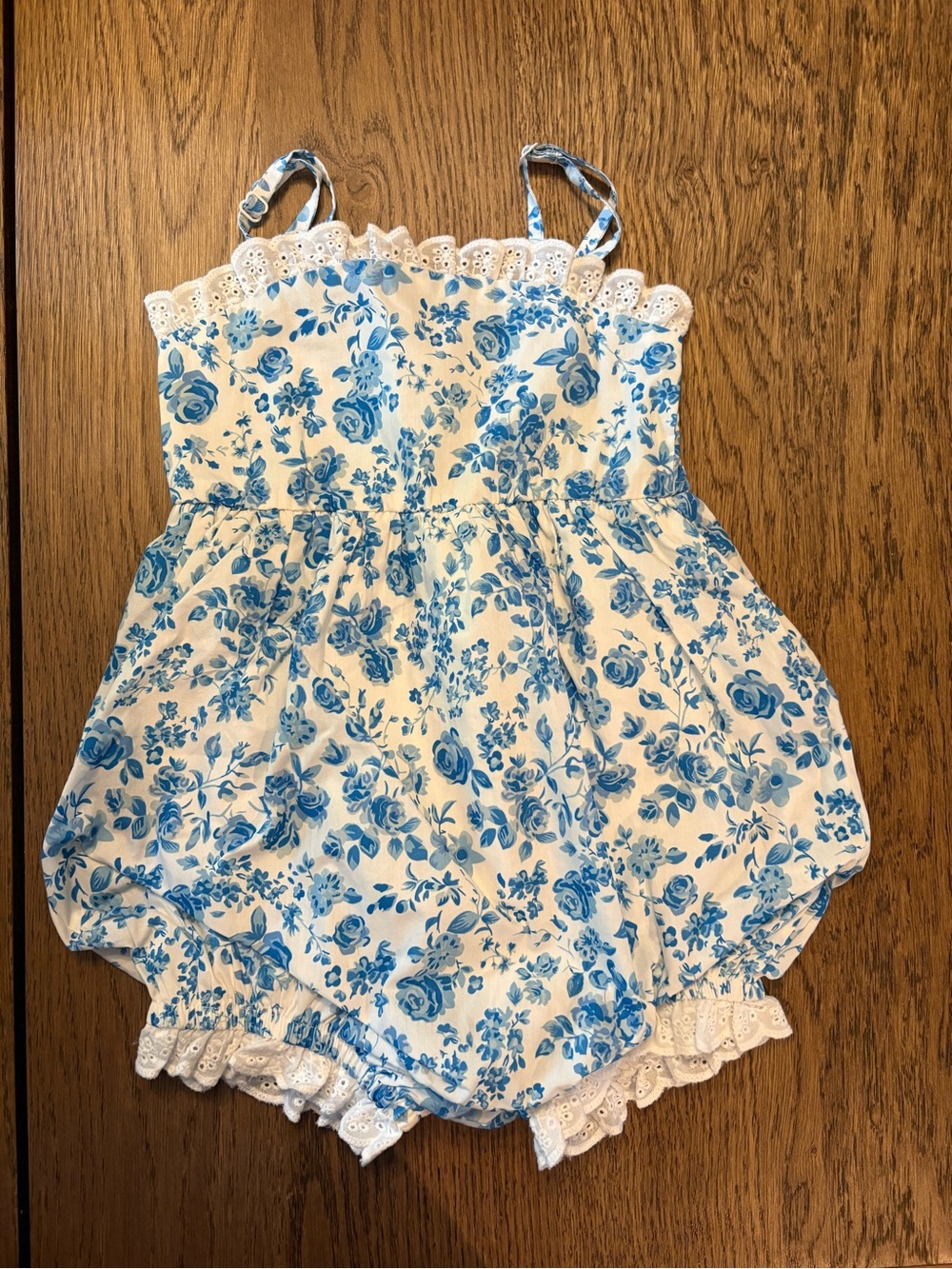 SweetHoney Blue Floral Lace Trim Romper Bubble Size 3T • NWOT